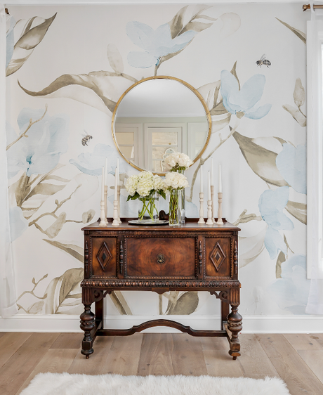 Custom Wallpaper - "Blue and Cream Magnolia" - 10' Tall x 28' Wide - Peel & Stick