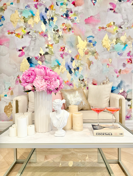 Vivian Ferne Lucky Wallpaper, Pastel wallpaper, living room floral wallpaper, boutique design, boutique decor, boutique design, salon decor, salon design, teen bedroom decor, teen bedroom design, abstract art, largescale abstract art, blueberry glitter art