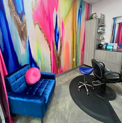 Vivian Ferne wallpaper, vivian ferne el dorado, salon decor, salon design, pink and blue abstract art, nursery wallpaper, nursery inspo, blue interior, salon loft design