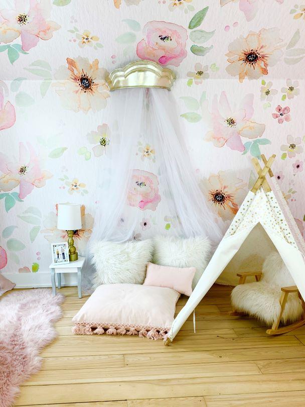 Pink Floral Watercolor Wallpaper in Playroom