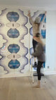 Interior design installation with large pattern, blue and white wallpaper design, Reverb from from famous interior designer, Vivian Ferne.