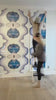 Interior design installation with large pattern, blue and white wallpaper design, Reverb from from famous interior designer, Vivian Ferne.