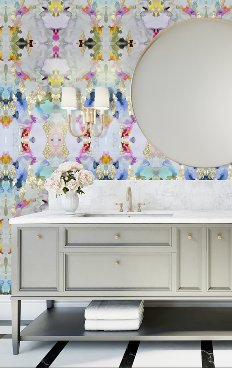 Poweder room wallpaper, Vivian Ferne Abstract Wallpaper, Vivian Ferne art, Bluebery Glitter art, powder room design, Nursery Wallpaper, Nursery art