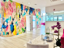 waiting room design, reception room design, reception room design, boutique decor, boutique design, salon decor, salon design, pink interior, vivian ferne wallpaper
