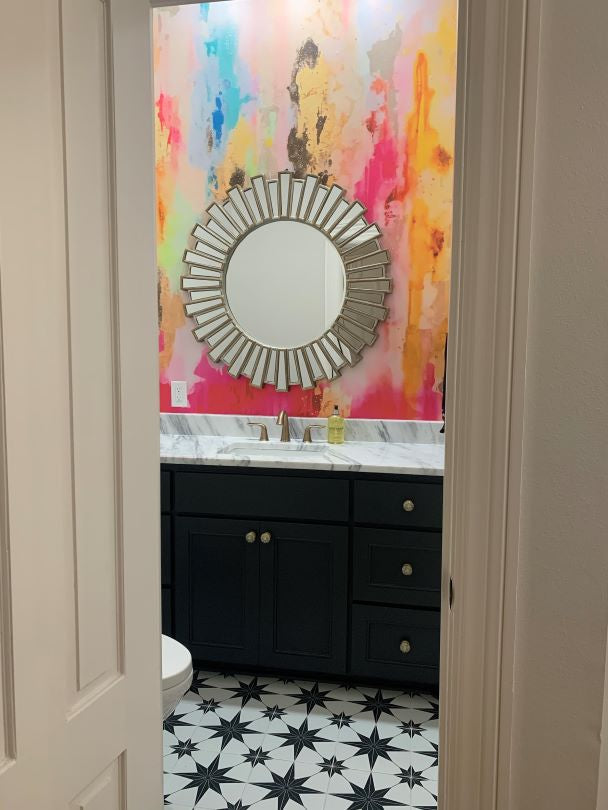 Colorful Powder Room Wallpaper Accent wall behind vanity