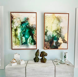 "Emerald Storm" Canvas Print  set of two 24" wide x 36" tall with Gold Floater Frames
