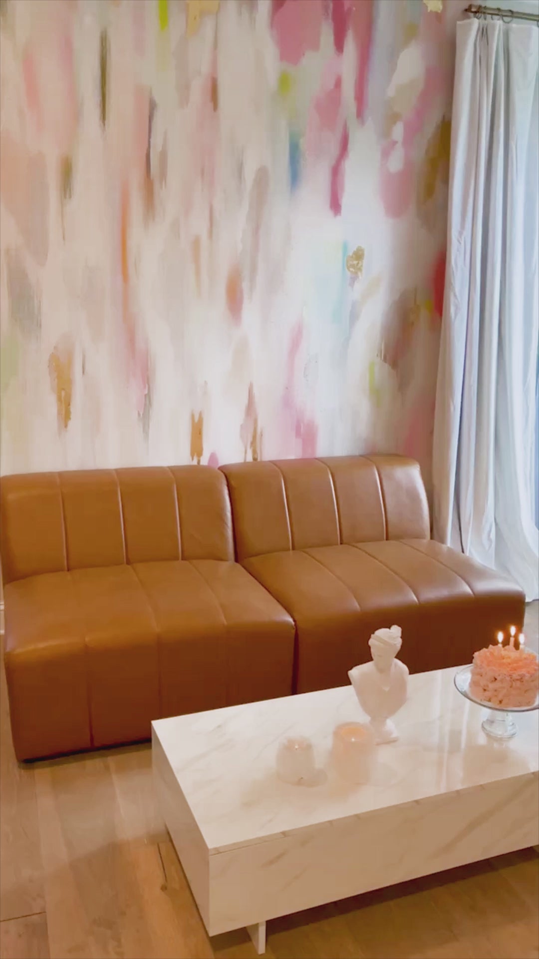 This video shows the final installation of famous interior designer, Vivian Fernes' birthday cake themed wallpaper. These pastel textures and brushstrokes create a stunning pink, blue, gold cream and green arrangement that is an amazing interior wall decor piece for bedrooms, living rooms and bathrooms. This wallpaper has been successfully installed in boutique hotels, spas, salons and luxury interior spaces.