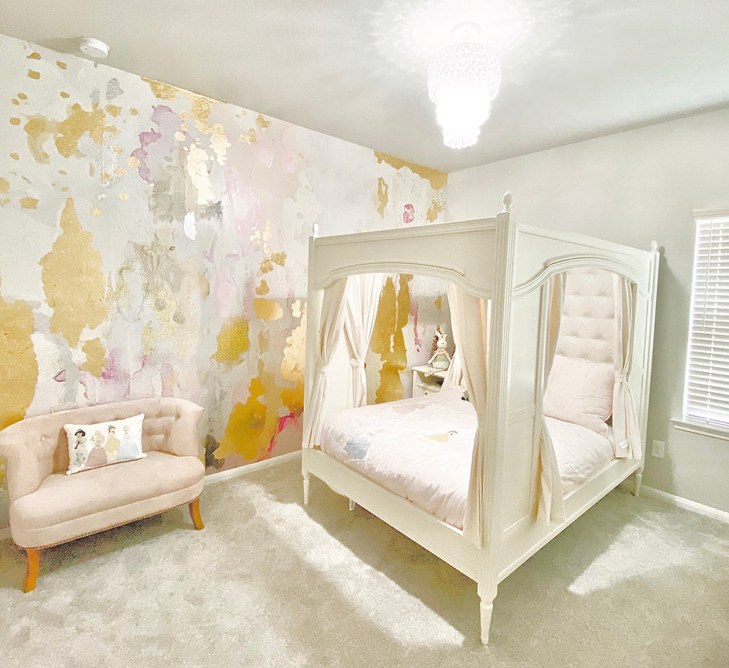 pink and gold nursery, pink girls room, blush and gold wallpaaper, blush wall mural, gold and blush abstract painting