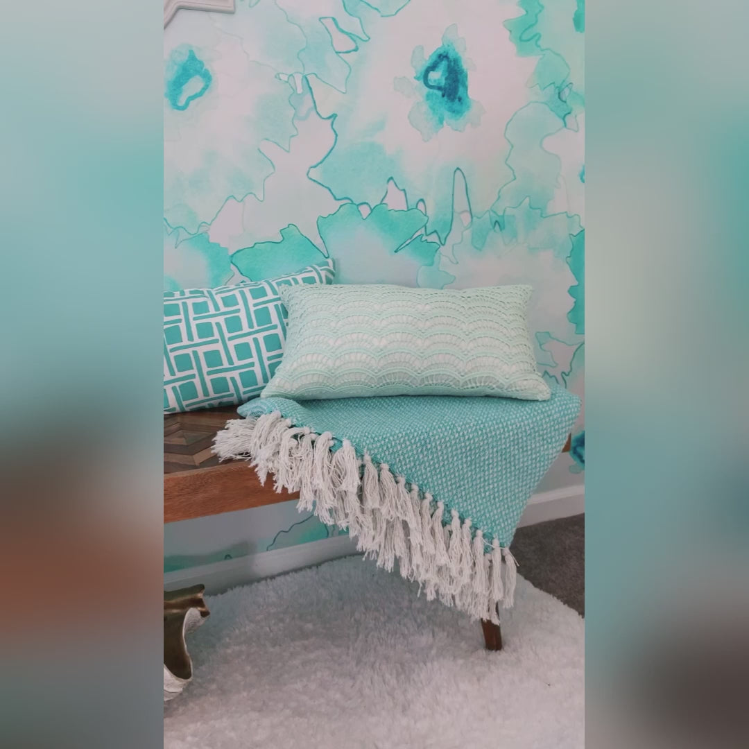 Walkthrough video of entryway decor with ocean themed wallpaper. Watercolor design featuring colors of teal, aqua and turquoise.