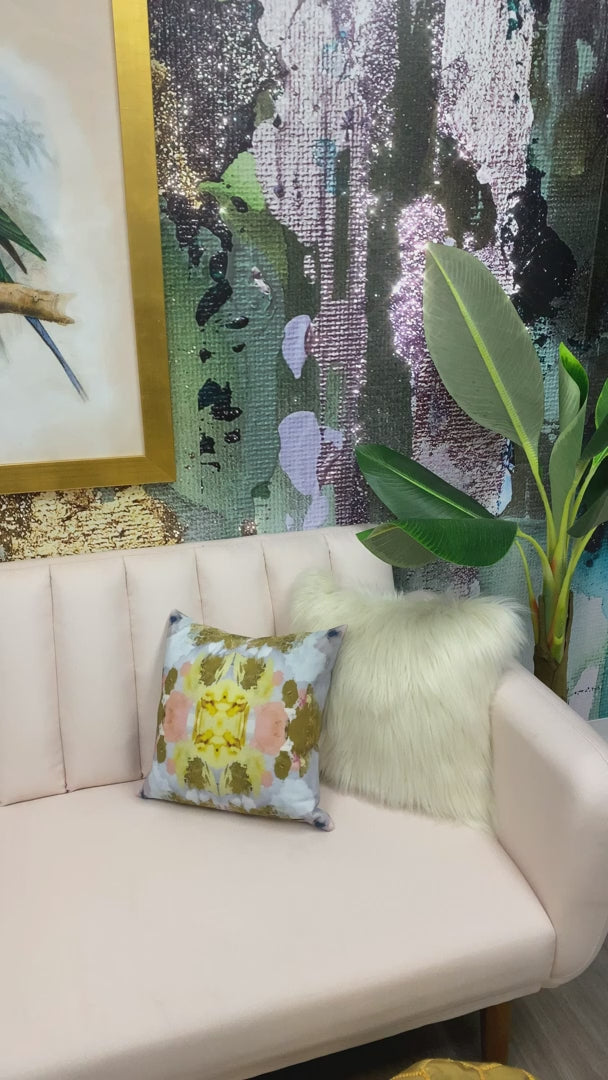 This video shows the final walk through of Vivian Ferne's staging of the tropical themed wallpaper design, Lovebird. This design was applied using peel and stick wallpaper and staged using a pink sofa, gold pillows, framed bird prints, and palm trees.