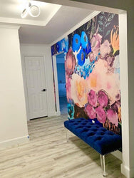 Hallway interior design, colorful wallpaper, royal blue interior design, bright tropical bouquet