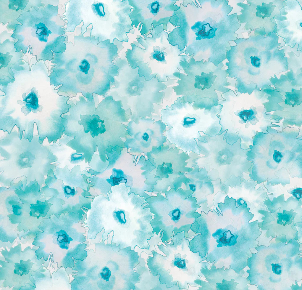 The original watercolor design that inspired the Vivian Ferne wallpaper mural "Sea Glass". This painting is a watercolor artwork created by famous artist, Fran Maass. The teal and aqua design is a stunning soothing design for spas, bedrooms, beach decor, salons and other interiors needing bright airy wallpaper design.
