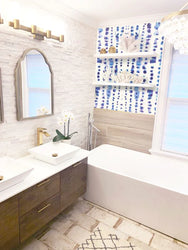 Bathroom decor completed with this large pattern, blue and white, Greek themed wallpaper design.