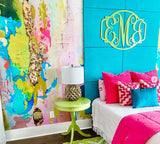 This customer photo shows how your bedroom decor can look stunning with a burst of color from interior wallpaper. This design is created from an original abstract painting and scaled up to fit any bedroom wall. The theme of this look is abundant with aquas, chartreuse, lime and gold.