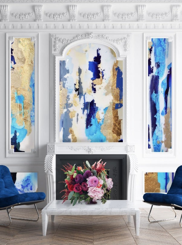 Abstract blue art above fireplace