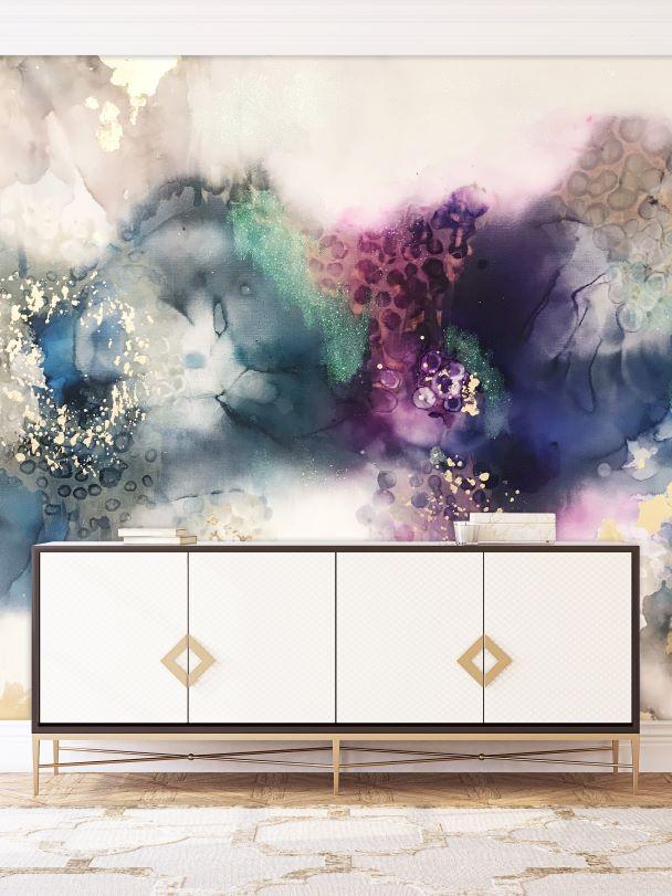 hand painted abstract wall mural in hallway