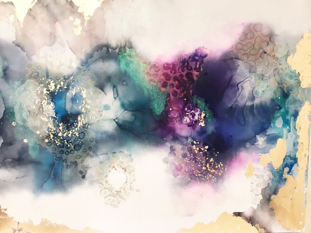 deep purple, teal, blue, pink with gold removable wall mural Peel & Stick