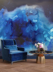 Luxury blue wall decor and soft blue velvet love seat and gold marble table. This interior decor look was achieved by using peel and stick wallpaper. The look also contains herringbone wood floors, blue baseboard and an assortment of flowers. This wallpaper product is available in prepasted, peel and stick and French Luxe materials. Custom interior wall decor sizing is available for this wall mural. 