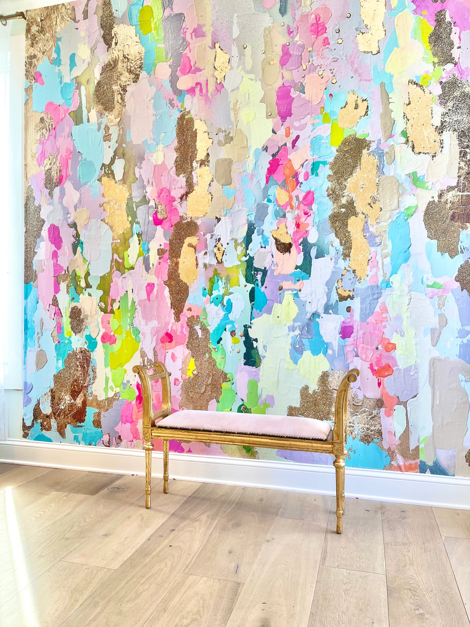 This vibrant lush interior wallpaper design will make any bedroom, bathroom or living room pop with bursts of color. Light blues, aquas, fuchsias greens and golds overlap with soft brushstrokes and layered resin/gold leafing. This wallpaper design was installed using Peel and stick wallpaper. This large scale abstract wall decor is a stunning feature to any home, hotel, boutique, salon or spa.