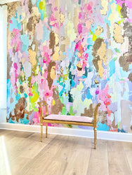 This vibrant lush interior wallpaper design will make any bedroom, bathroom or living room pop with bursts of color. Light blues, aquas, fuchsias greens and golds overlap with soft brushstrokes and layered resin/gold leafing. This wallpaper design was installed using Peel and stick wallpaper. This large scale abstract wall decor is a stunning feature to any home, hotel, boutique, salon or spa.