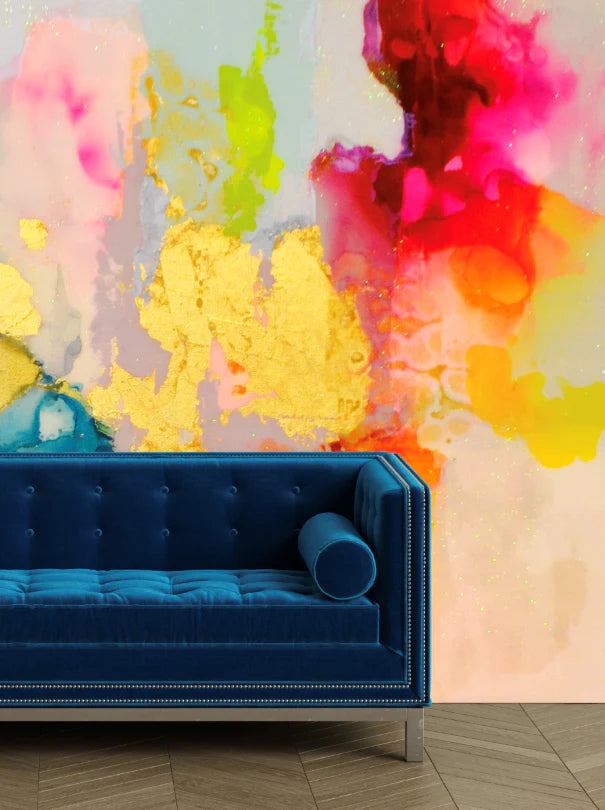 Zoomed in image of a luxury living room wallpaper installation using bold blues, pinks, reds and lime colors.
