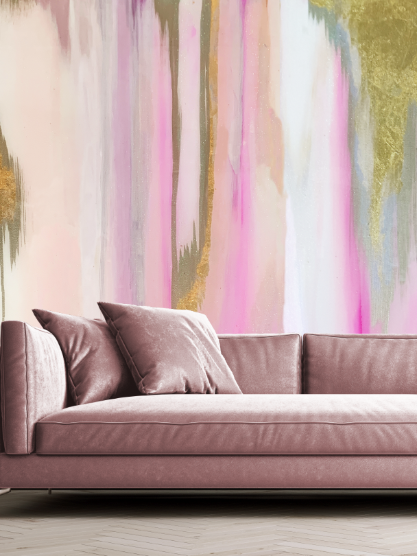 Pink and Gold Accent Wall Wallpaper Behind Sofa