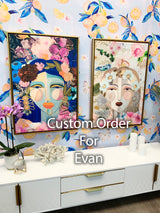 "Tropical Portraits" Canvas Print  set of two 24" wide x 36" tall with Gold Floater Frames +Squeeze print in peel & stick  49" x 105"