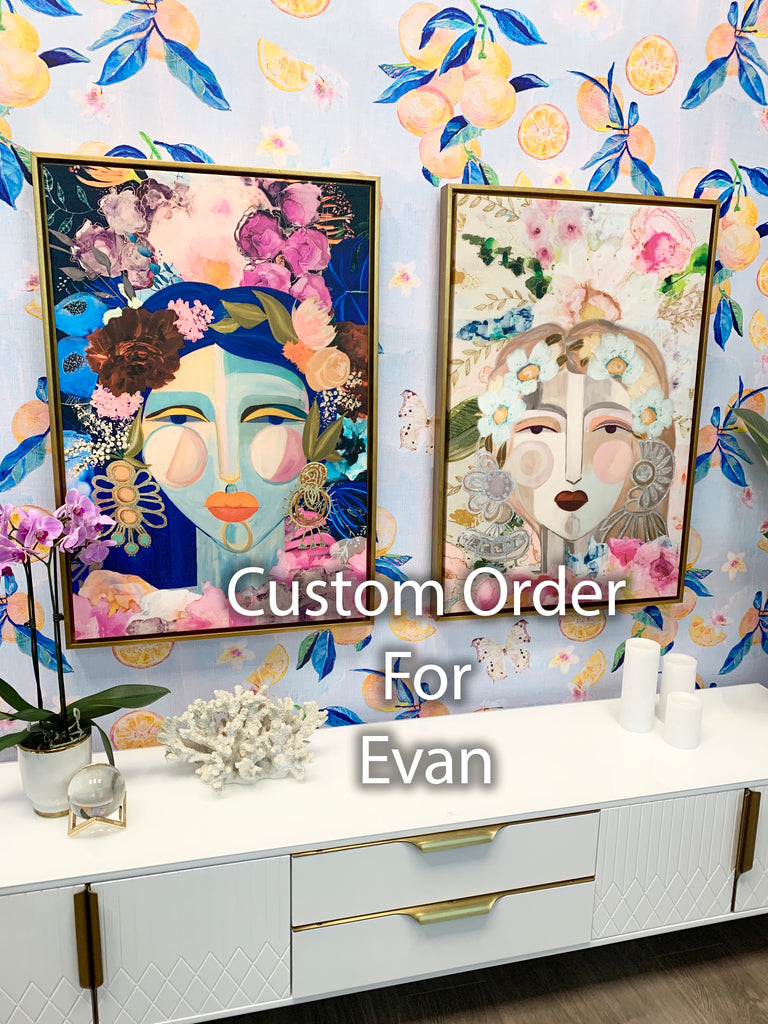 "Tropical Portraits" Canvas Print  set of two 24" wide x 36" tall with Gold Floater Frames +Squeeze print in peel & stick  49" x 105"