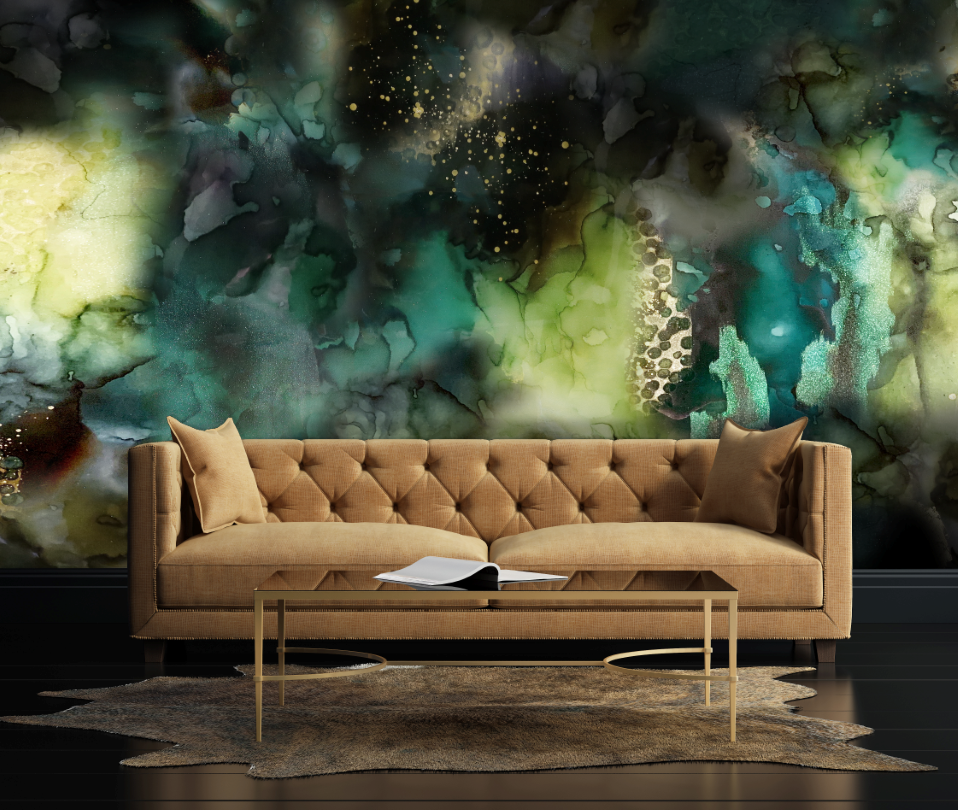 Green and gold living room wall mural