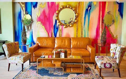 Colorful Accent Wall in Living Room with Real Gold Wallpaper