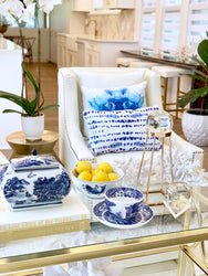 blue and white chinoiserie gold coffee table blue throw pillow