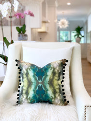 white and gold kitchen, green decor pillow, green living room
