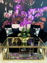 Floral Wallpaper Wall Art behind black sofa