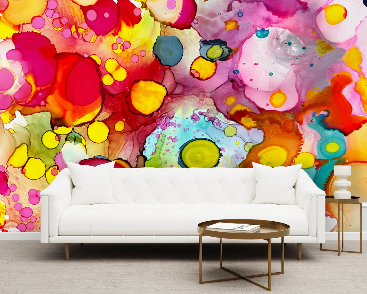 Brightly colored wall decor installed behind a white living room furniture. Modern minimal brass tables. This luxury interior wallpaper design is unique, handcrafted and provides a burst of color to any design project. This wallpaper mural will look stunning in a vacation home, boutique hotel, spa, salon or luxury interior space.