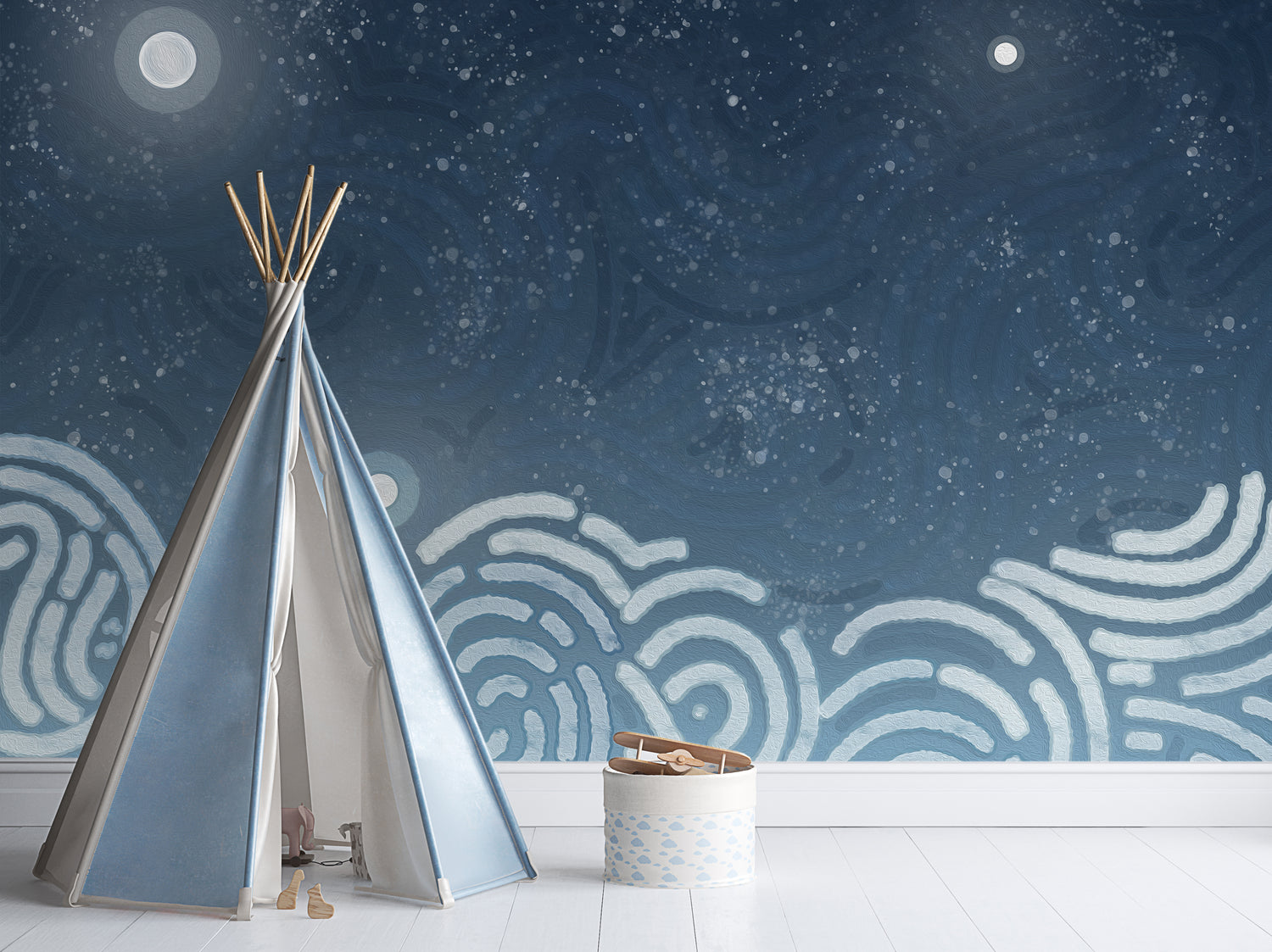 Space theme Kids wallpaper design for bedrooms, playrooms or activity spaces. Rich blue tones, white brushstrokes create an abstract view of the night sky.