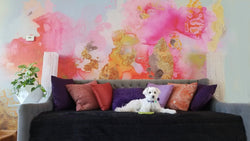 Pink abstract wall mural in living room by Lily Dong Photography