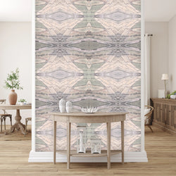 This large pattern wallpaper was inspired by the meadows of Ireland. Soft yellows, greens and beiges create a calming pattern that is great for any interior living room, bedroom or accent wall