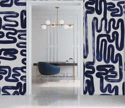 Modern staging of blue themed modern wallpaper design. Ultra modern textured brushstrokes will transform your bedroom, office space or living area. Available as a peel and stick or prepasted project to meet any interior design needs.