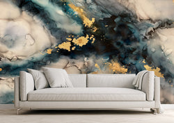 Luxury wall decor with teal, navy and black. The wallpaper is an abstract digital render of famous artist Fran Maass' original painting. This abstract wallpaper design features gold leafing elements that create a stunning multi-media installation. 