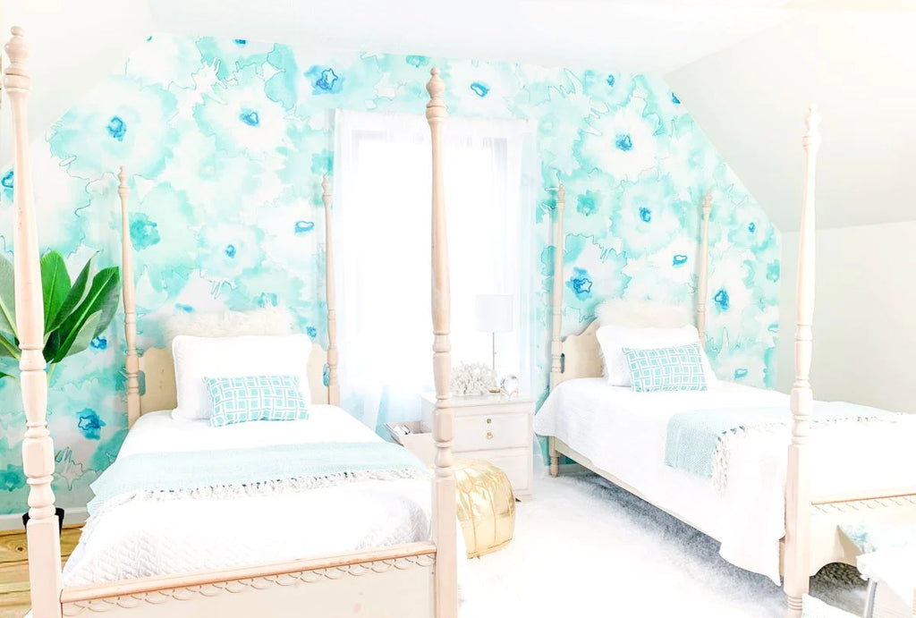 This beach themed bedroom interior design project features a stunning large pattern teal, aqua wallpaper. This look is perfect for airbnb bedrooms, beach home bedrooms and kids bedroom spaces that need a monochromatic repeating pattern design.