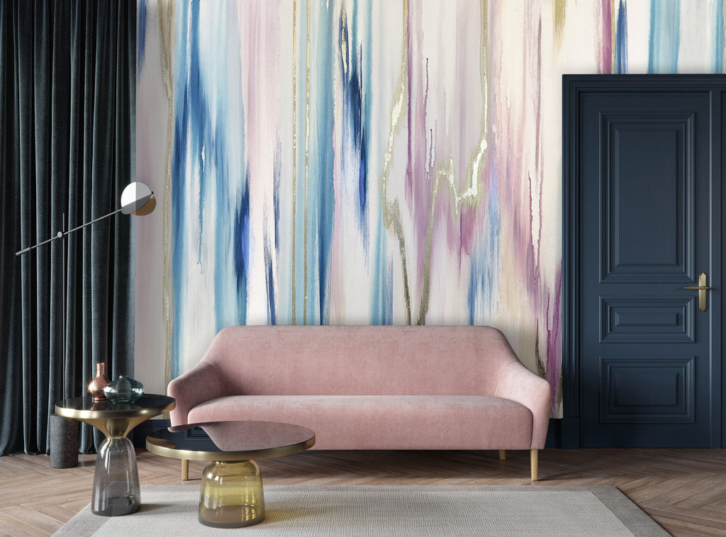 pink sofa, blush sitting room, navy and pink interior design, vivian ferne gold wallpaper, vivian ferne wallpaper, vivian ferne mural, blush babe cave