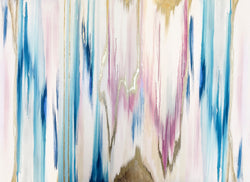 Orignal abstract painting that is the inspiration for the luxury abstract wallpaper design, "Opal Falls" from famous interior designer, Vivian Ferne. This original painting uses acrylic paint, alcohol inks and gold tones to create a vertically oriented sweeping scape of colors.