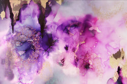 This original artwork was created by famous abstract artist, Fran Maass. The inspiration for this painting was oceanic textures and rich inky purples, plums and lilacs. This painting was digitally transformed into a large format wallpaper design available in Peel and stick, prepasted and French Luxe materials. 