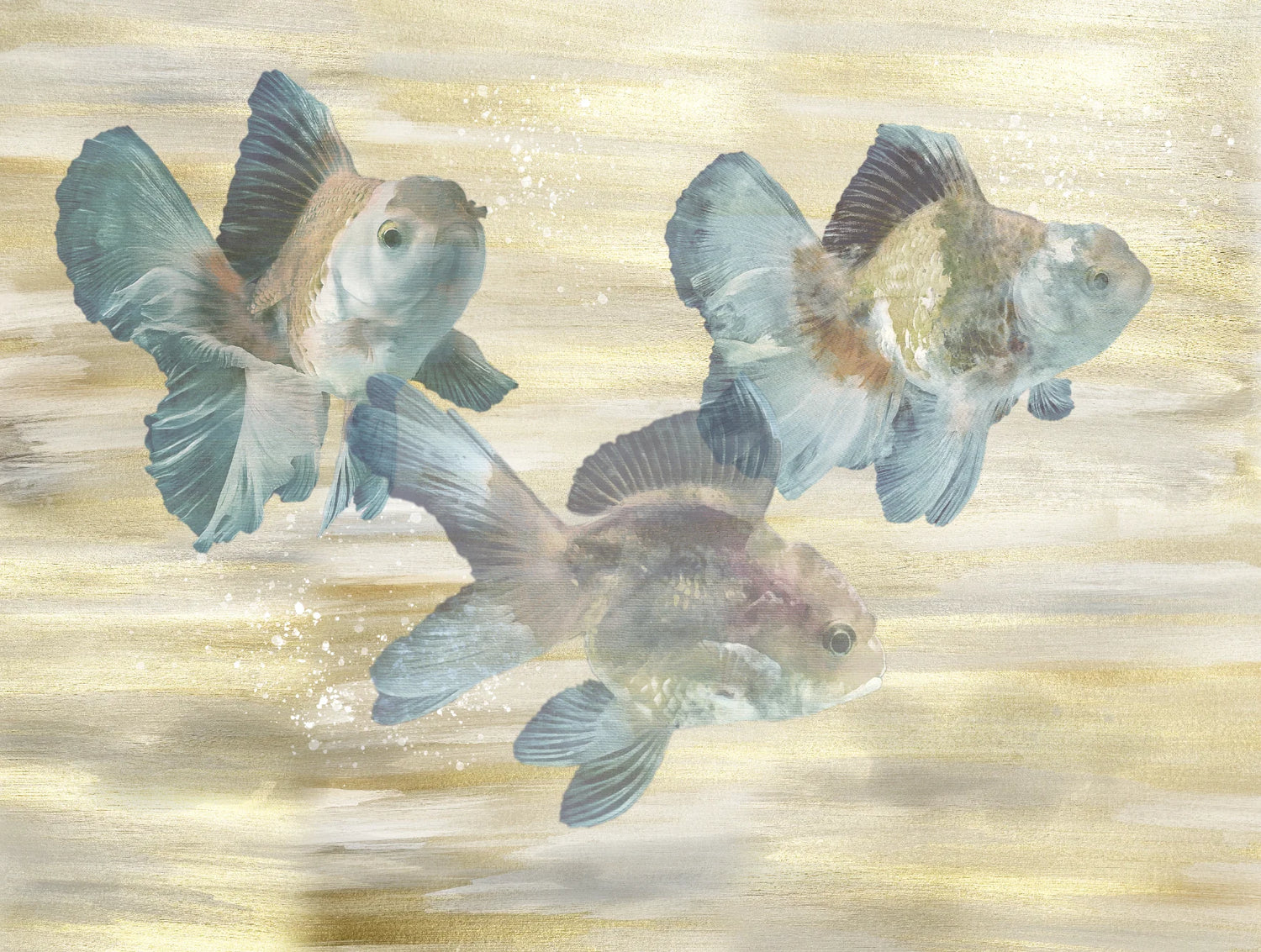 This original Gold Fish painting by famous artist, Fran Maass is the inspiration behind the interior wallpaper offered by Wallpaper Orchard. Gold textures and blue hues go throughout the painting to provide a unique and stylized portrayal of Gold Fish. 