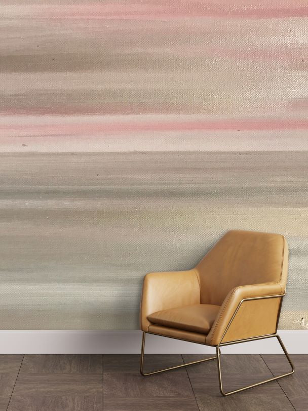 Wispy pink, gray and beige paintbrush strokes create a soothing beautiful landscape of color for this abstract wallpaper.