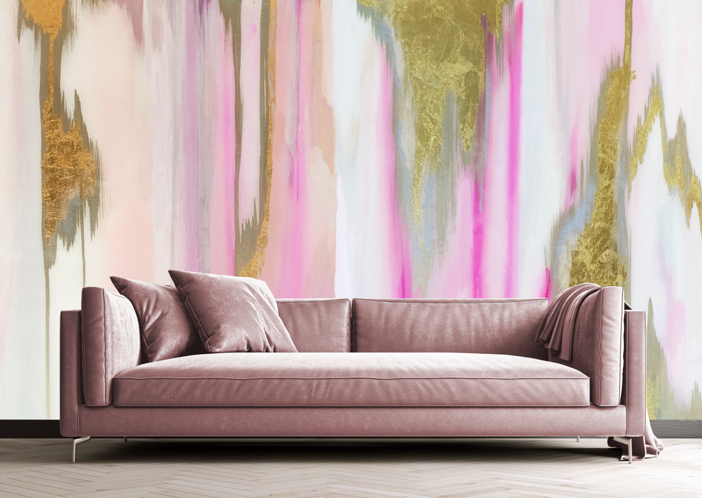 Hand Painted Watercolor Pink and Gold Leaf Wall Mural Wallpaper