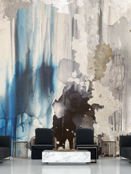 Blue and silver wall mural in lobby