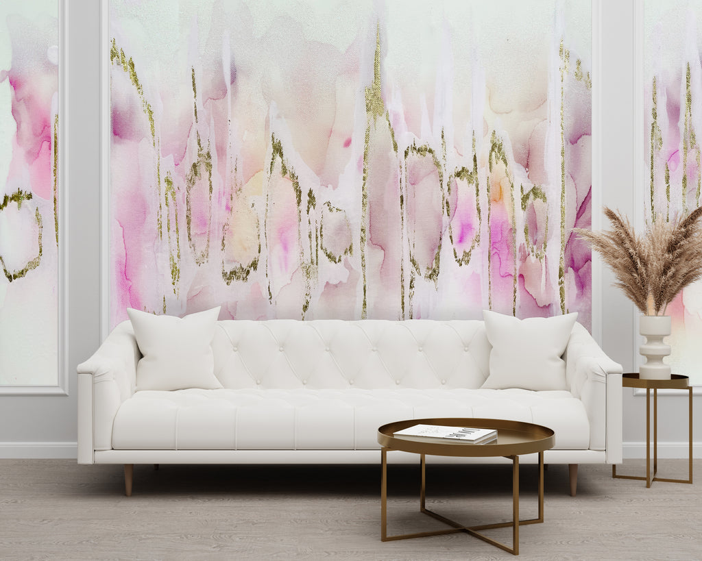 abstract blush removable wallpaper in white and gold living room