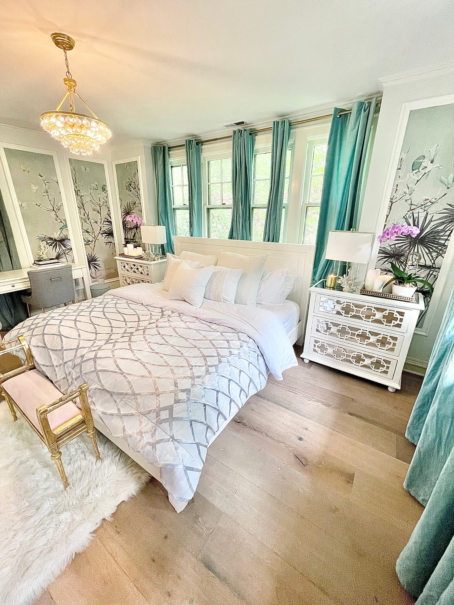 Vivian Ferne Oversized Wall Mural, Wallpaper, Wallpaper Wall Mural, Oversized Wallpaper Wall Mural, Vibrant Wallpaper, Vibrant Wall Mural, Maximalist Wall Mural, Vibrant Wall Art, Nursery Wallpaper, Office Wallpaper, Living Room Wallpaper, Gold Accent Wall, Charleston, Beach Decor, Beach Wallpaper, Blue Wallpaper, Butterfly, Teal Curtain, White Bed, Gold Bench, White Dresser, Mirror Side Table, Orchid, Chandelier