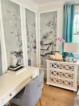 Vivian Ferne Oversized Wall Mural, Wallpaper, Wallpaper Wall Mural, Oversized Wallpaper Wall Mural, Vibrant Wallpaper, Vibrant Wall Mural, Maximalist Wall Mural, Vibrant Wall Art, Nursery Wallpaper, Office Wallpaper, Living Room Wallpaper, Gold Accent Wall, Charleston, Beach Wall Mural, Beach Decor, Beach Home, White Office, Office Accent Wall, Bedroom Accent Wall, Teal Curtains, Mirror Dresser, Gold Side Table, Gold Lamp, Orchid